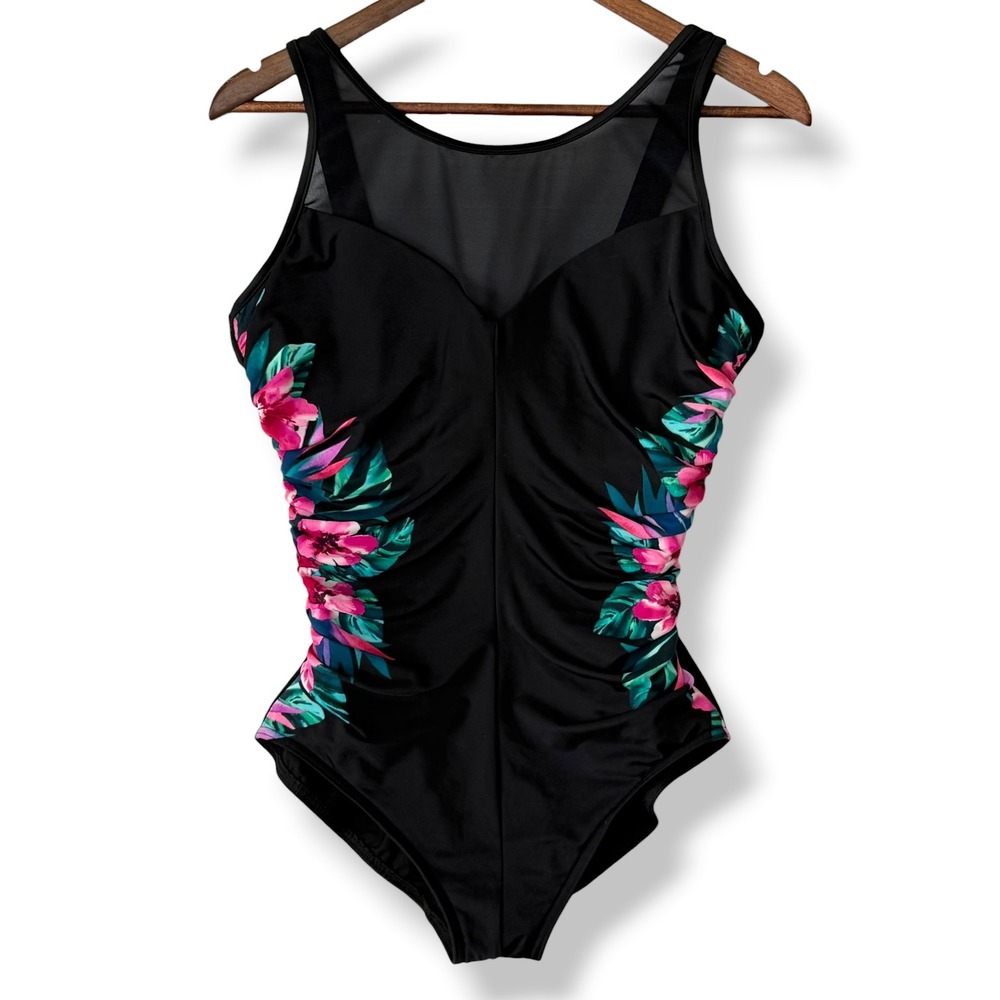 Miraclesuit One Piece Swimsuit 12 Black Floral Mesh Ruched Tummy Control Resort